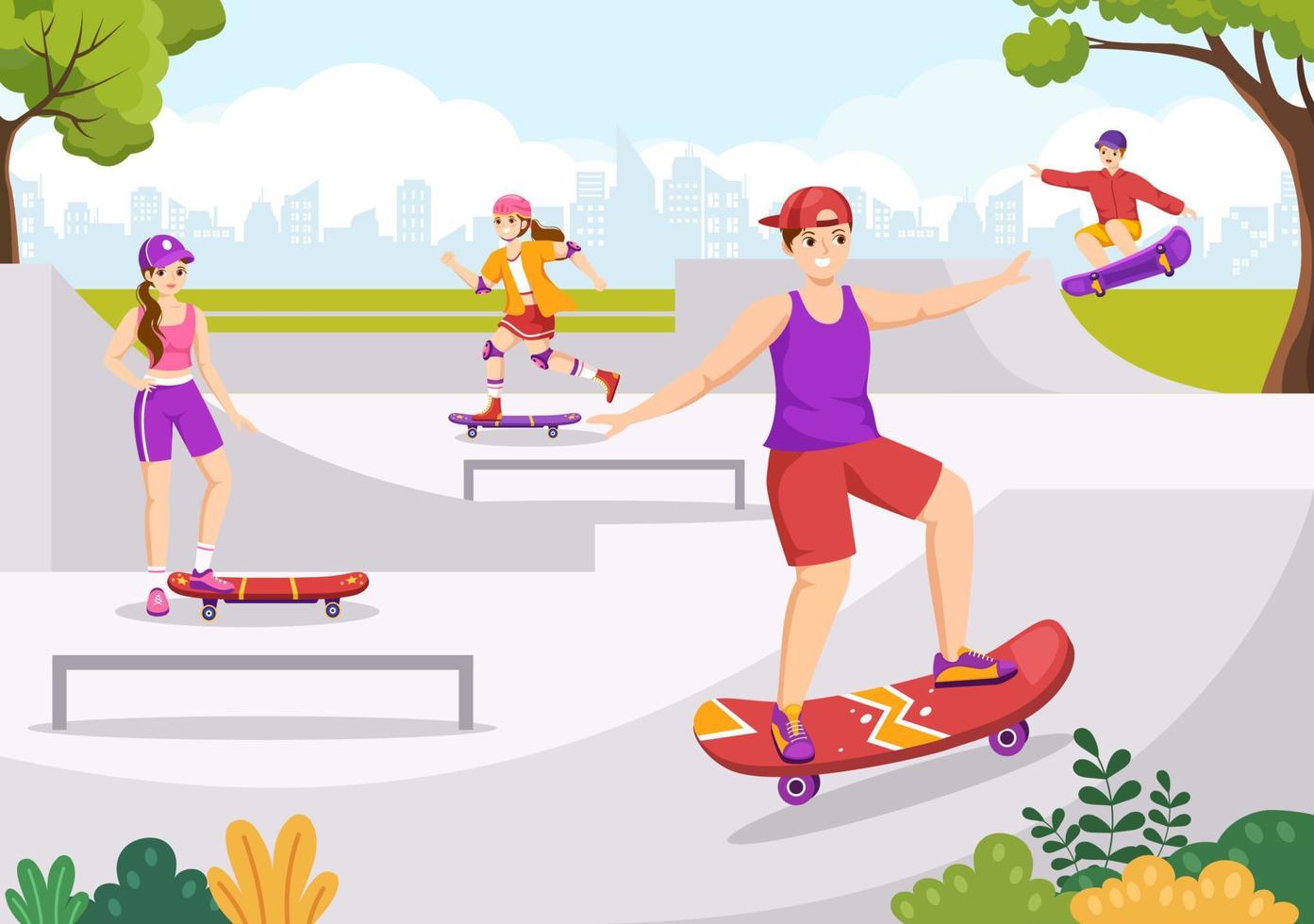 skateboard illustratie met skateboarders springen gebruik makend van bord Aan springplank in skatepark in extreem sport vlak stijl tekenfilm hand- getrokken Sjablonen vector