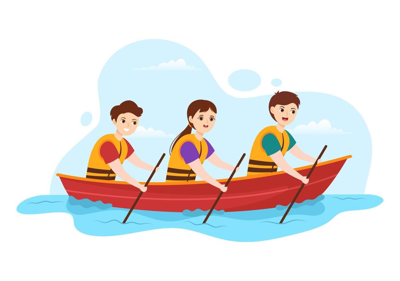mensen genieten van roeien illustratie met kano en het zeilen Aan rivier- of meer in actief water sport- vlak tekenfilm hand- getrokken sjabloon vector