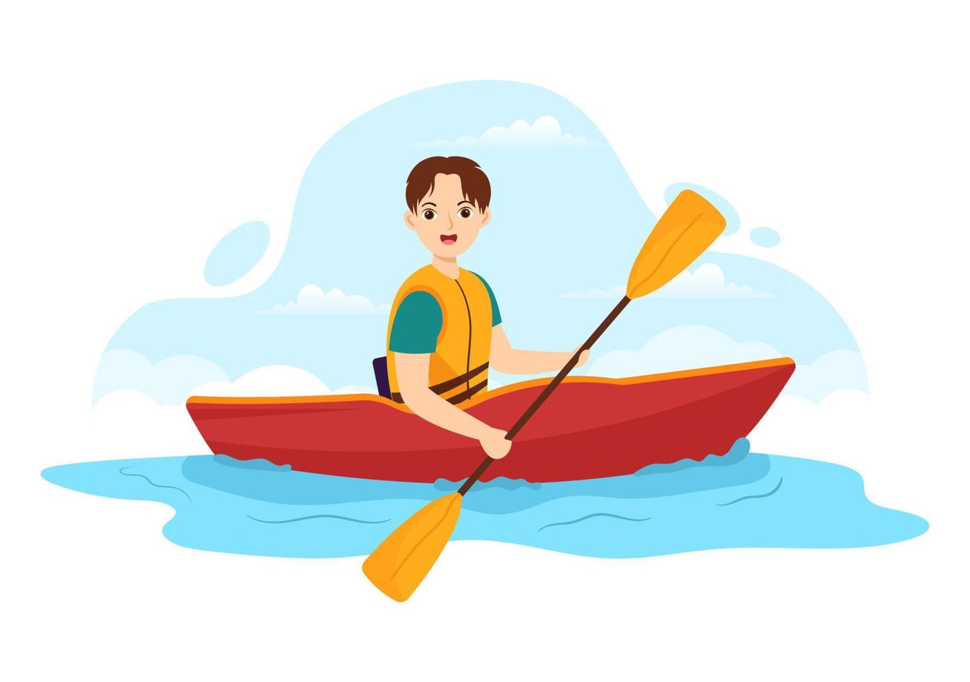 mensen genieten van roeien illustratie met kano en het zeilen Aan rivier- of meer in actief water sport- vlak tekenfilm hand- getrokken sjabloon vector