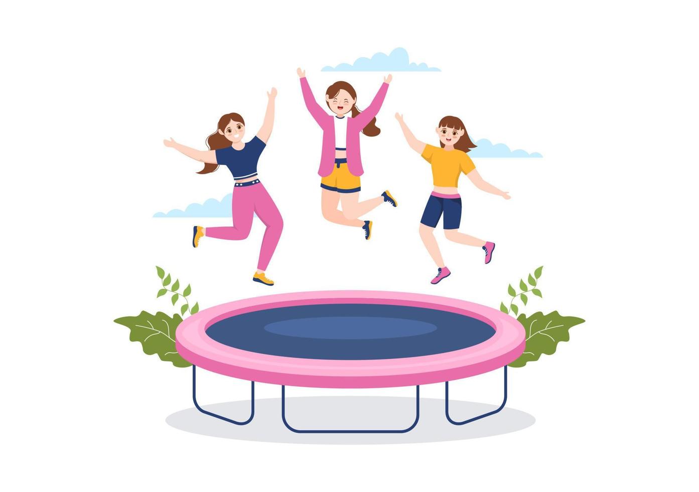 trampoline illustratie met jeugd jumping Aan een trampolines in hand- getrokken vlak tekenfilm zomer buitenshuis werkzaamheid achtergrond sjabloon vector