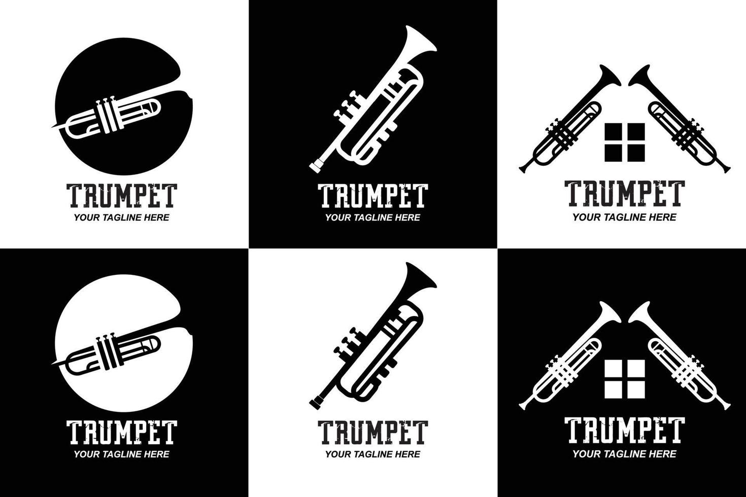 trompet logo ontwerp, melodie genereren, muziekinstrument vector schets illustratie