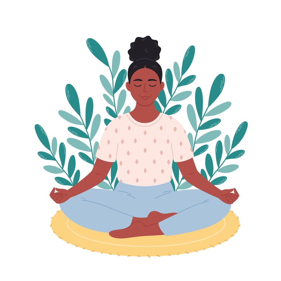 zwart vrouw zittend in lotus houding en mediteren Aan mat. mentaal Gezondheid zorg, ontspanning, recreatie, yoga beoefenen. vector