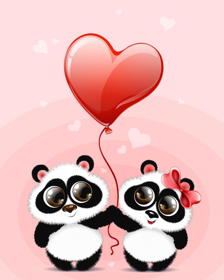 schattig pluizig tekenfilm weinig panda meisje en jongen in liefde met rood hart ballon. Valentijnsdag dag kaart vector