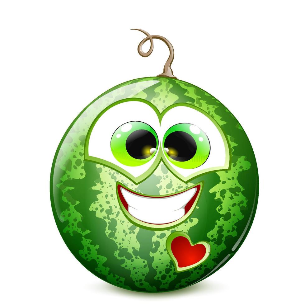 watermeloen met een breed glimlach, grappig tekenfilm karakter met hart gat vector