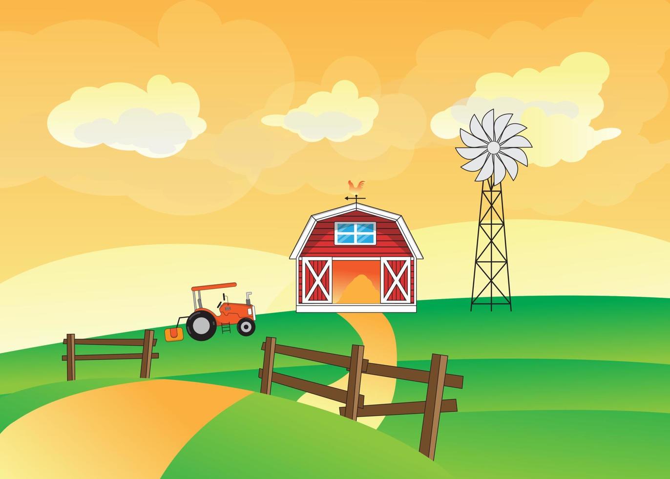 veld- berg landschap achtergrond schuur gebouwen oogsten gewassen en tractoren windmolen illustratie vector