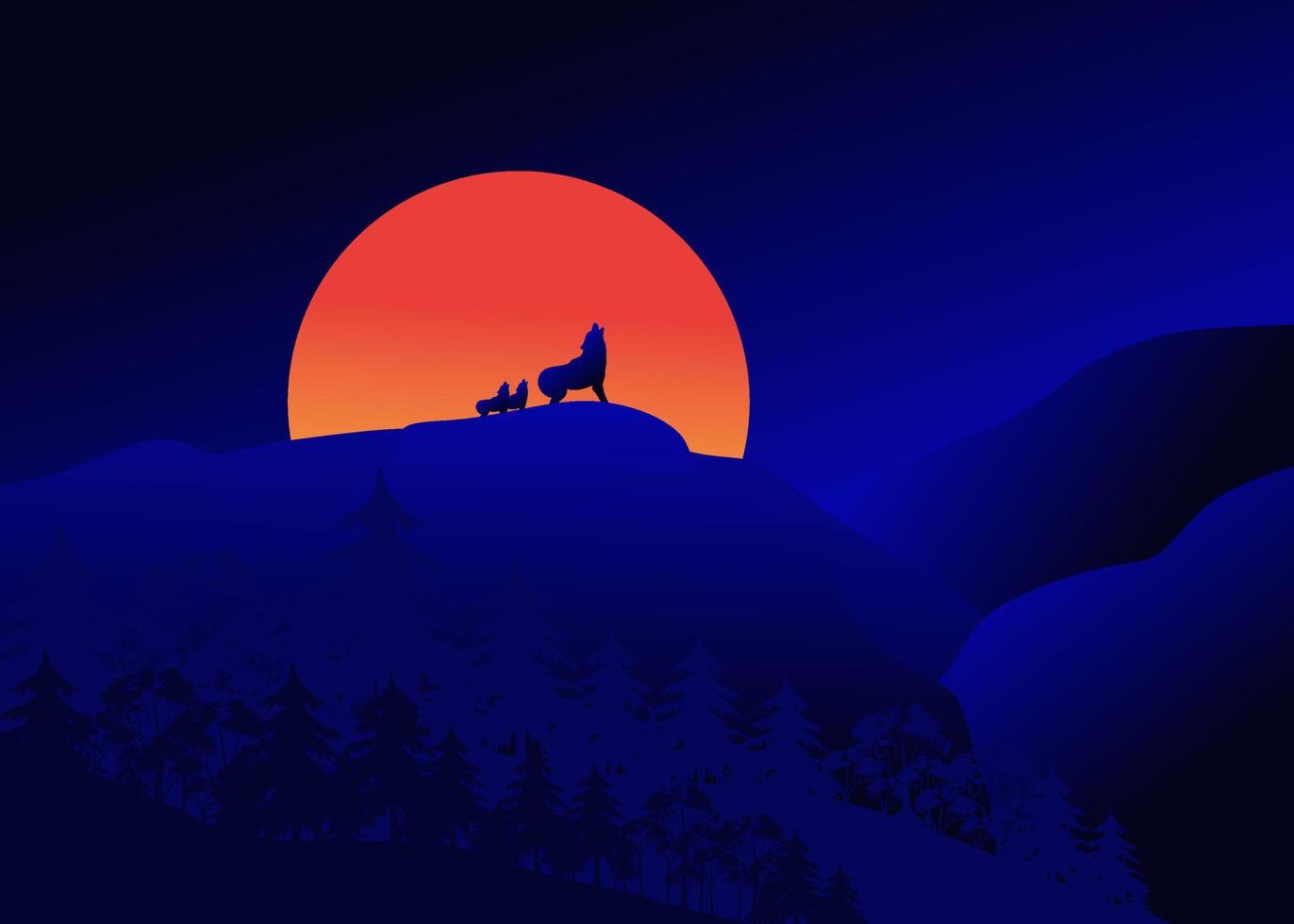 mooi berg achtergrond landschap gedurende nacht tijd met een wolf gehuil in voorkant van de groot maan vector