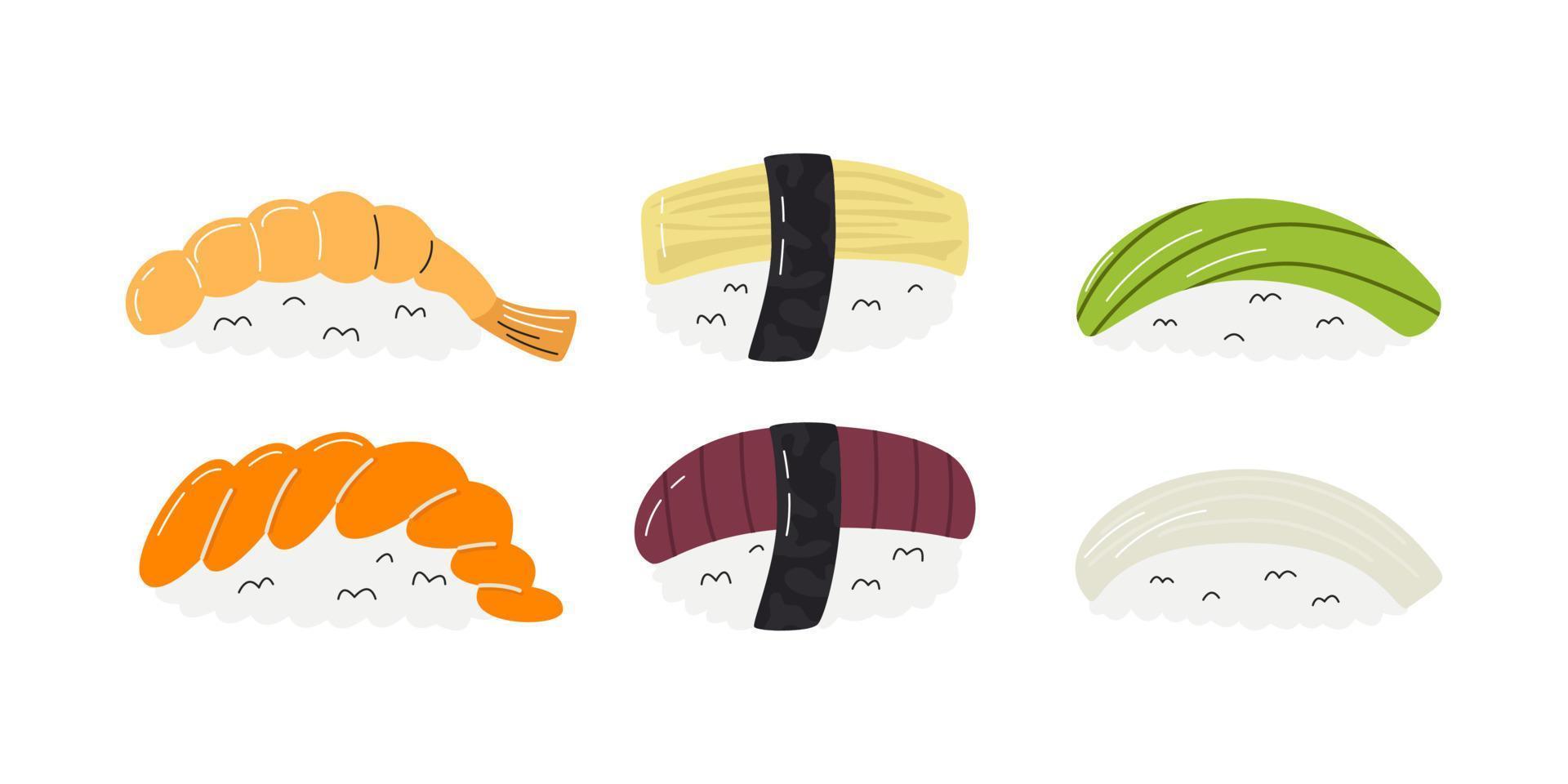 nigiri sushi verzameling geïsoleerd Aan wit achtergrond. populair Aziatisch voedsel met rijst- en zeevruchten. oosters lekker gerecht. traditioneel Japans keuken verwant hand- getrokken vlak vector illustratie