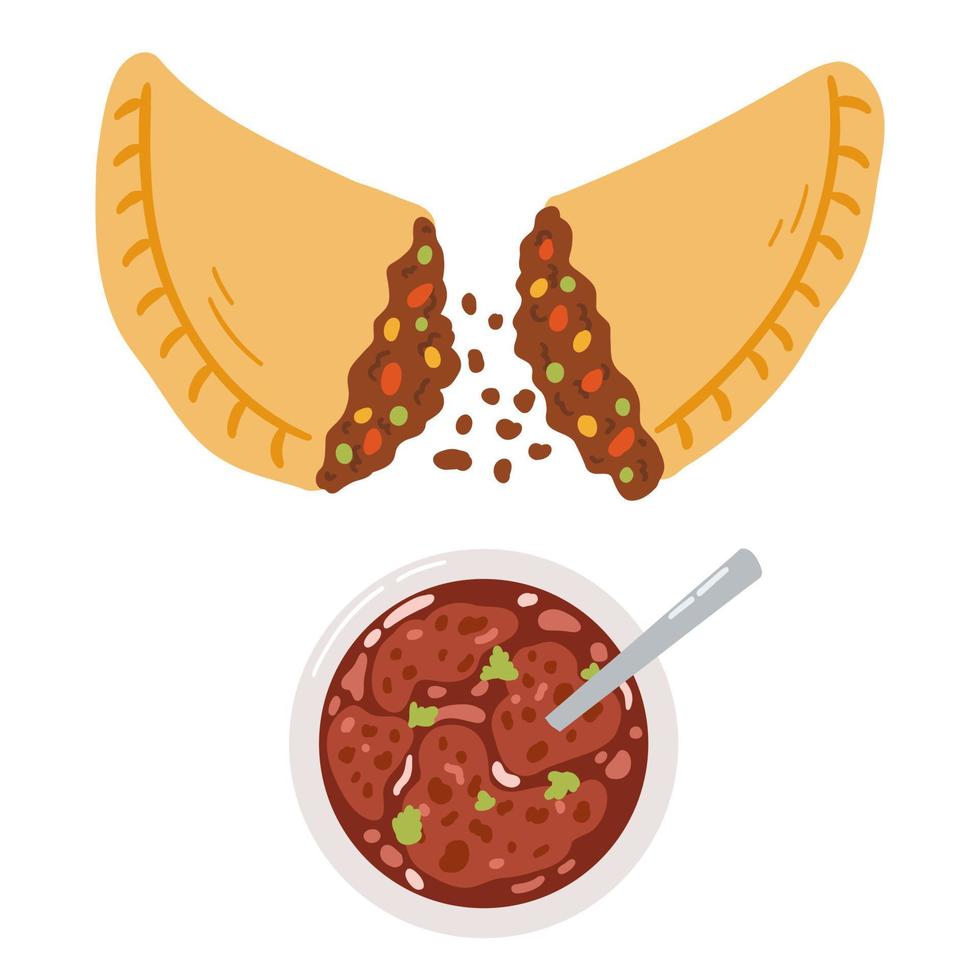 empanadas in tekenfilm vlak stijl. hand- getrokken vector illustratie van traditioneel latino Amerika voedsel, volk keuken