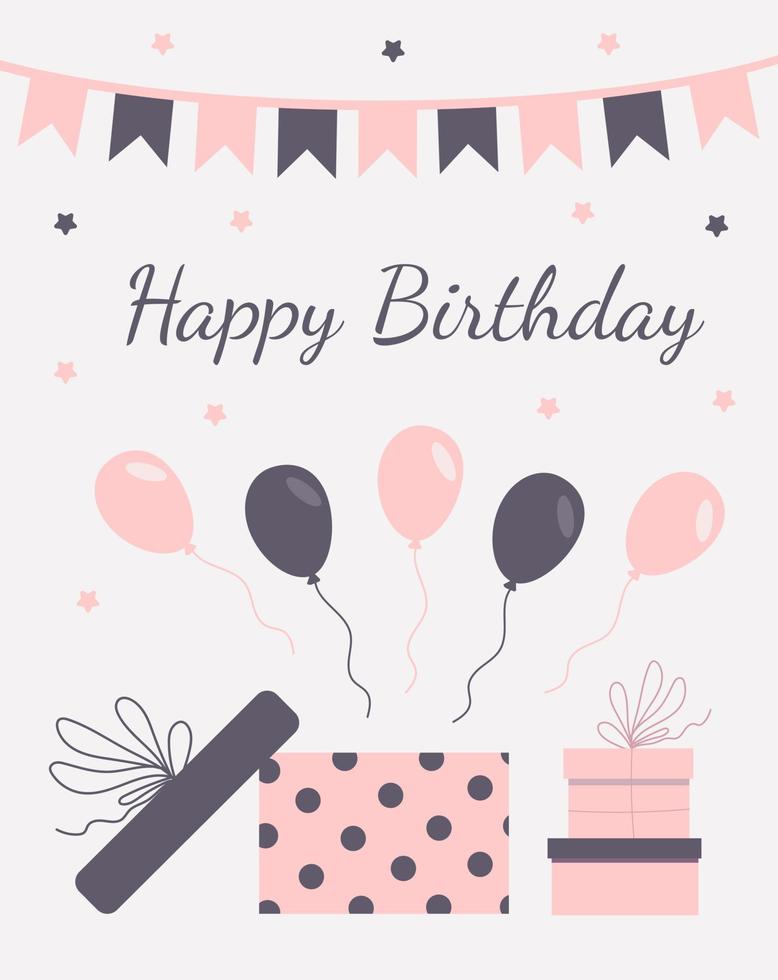 roze-grijs verjaardag groet kaart met Ingepakt geschenken, ballonnen, vlaggen, sterren en een opschrift in vector