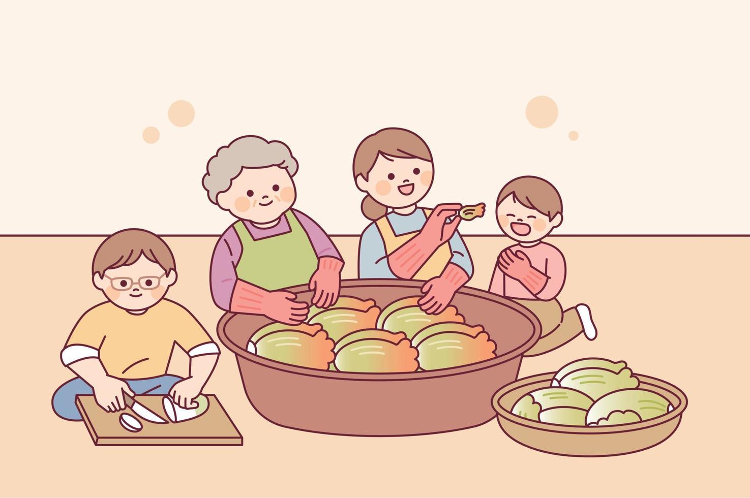 kimjang dag in Korea. de familie is maken Kimchi samen. de kind is proeverij kimchi. vector