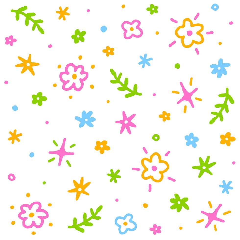 schattig confetti madeliefje bloem bloesem bloemen bestrooi fonkeling bloem ditsy schijnen punt lijn hand- tekening tekenfilm kleurrijk naadloos patroon achtergrond voor voorjaar zomer partij viering vector