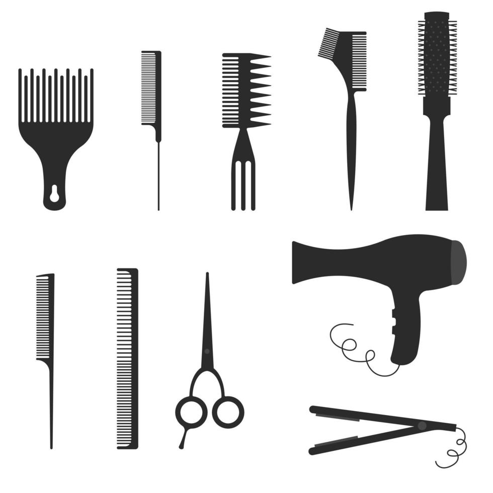 gereedschap voor haar- zorg. pictogrammen van kappers hulpmiddelen. haar- salon. vector