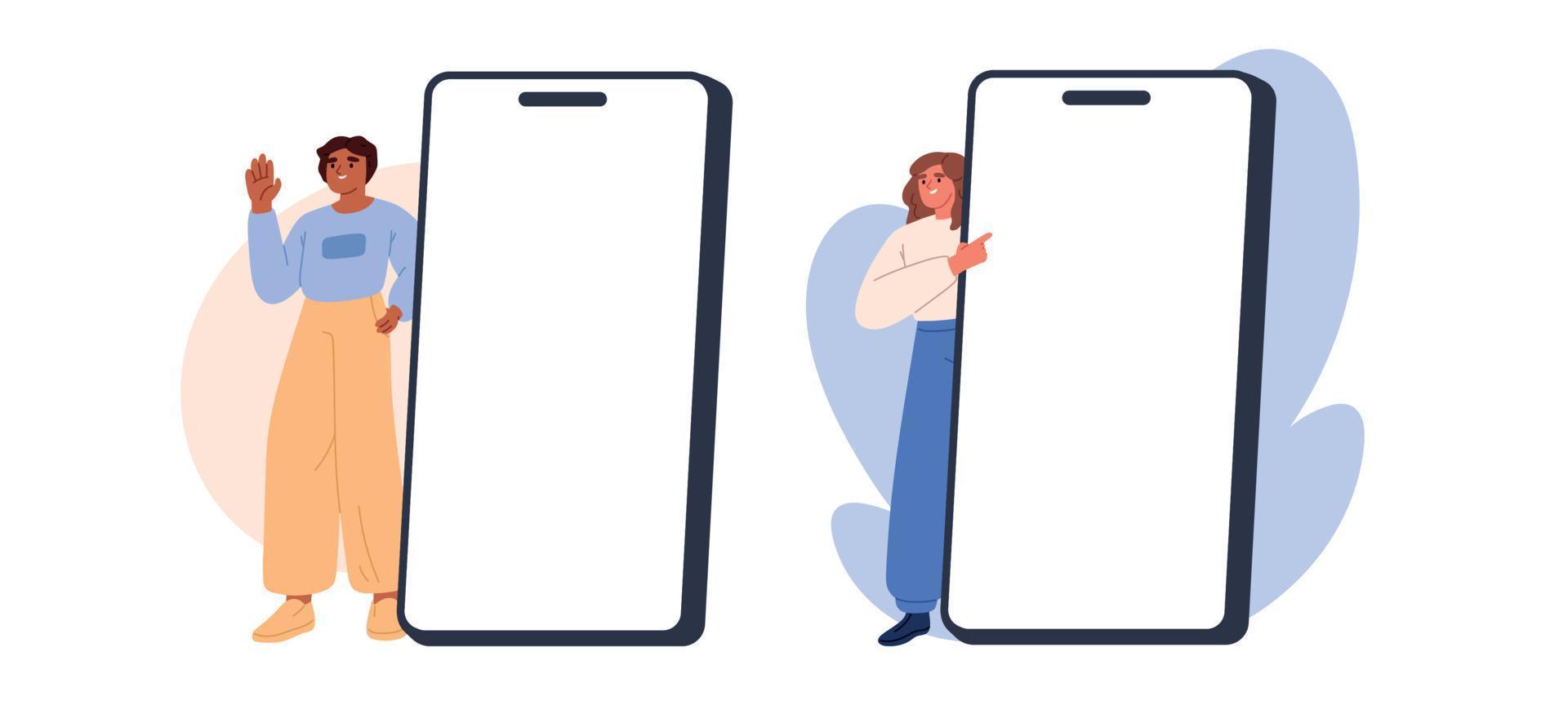 verbinding concept. Mens en vrouw gebruik telefoon. gelukkig mensen Holding mobiel voor advertentie. vector promotionele smartphone illustratie