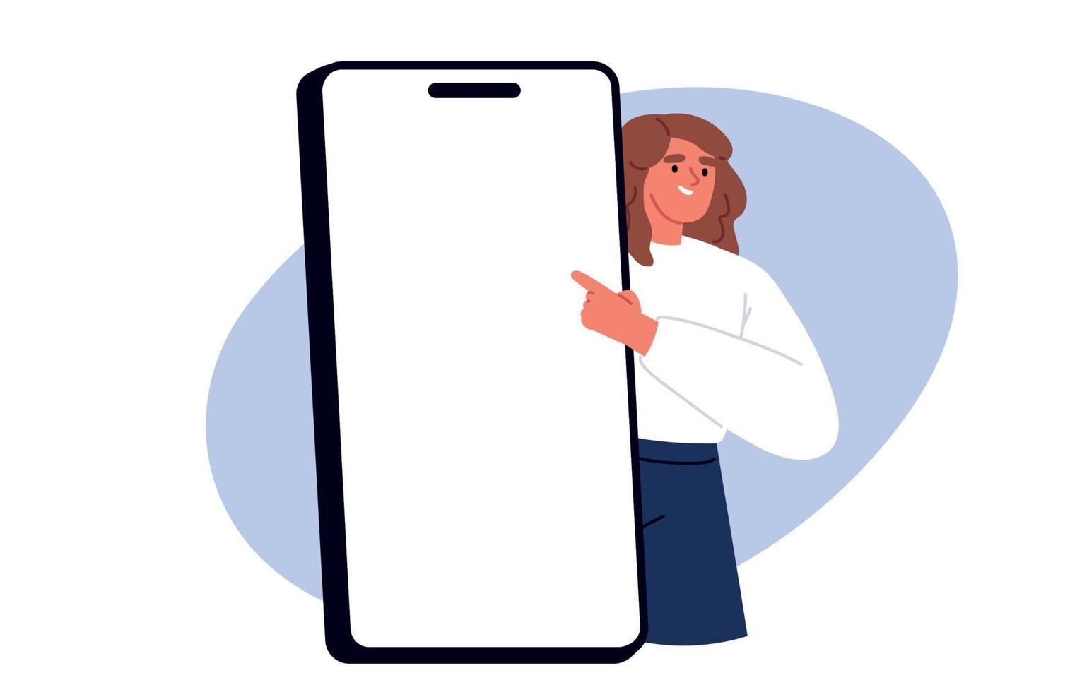 verbinding concept. Mens en vrouw gebruik telefoon. gelukkig mensen Holding mobiel voor advertentie. vector promotionele smartphone illustratie