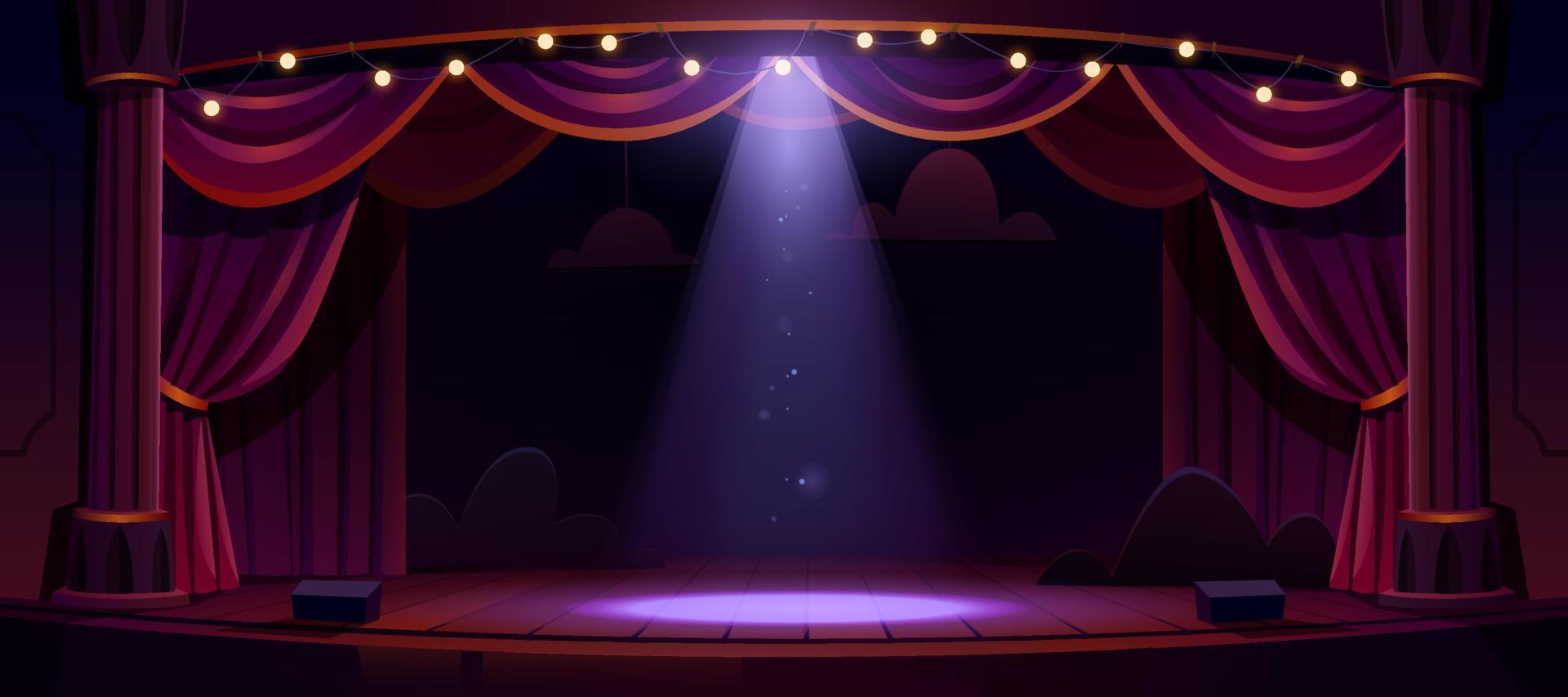 donker theater stadium met rood gordijnen en spotlight vector