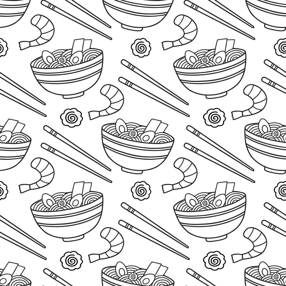 naadloos patroon van ramen tekening. Aziatisch traditioneel voedsel in schetsen stijl. Japans keuken. hand- getrokken vector illustratie
