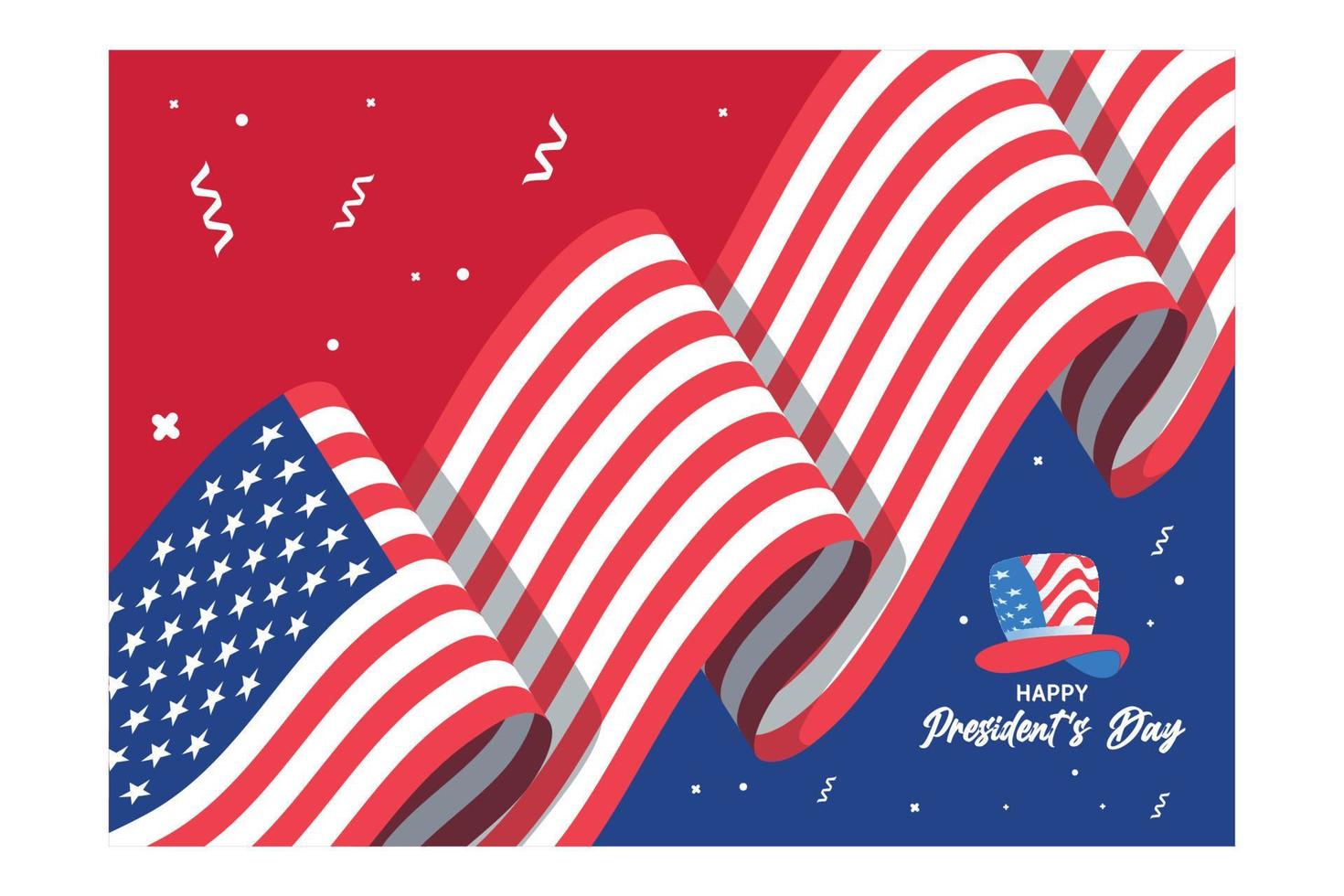 gelukkig van de president dag doopvont met oom Sam hoed, Amerikaans golvend lint Aan rood en blauw achtergrond, vlak vector modern illustratie