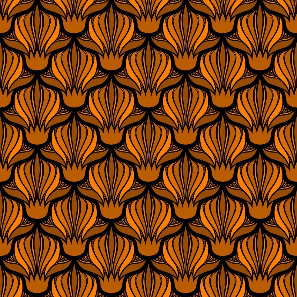 zwart naadloos vector kunst nouveau achtergrond met oranje bloemen