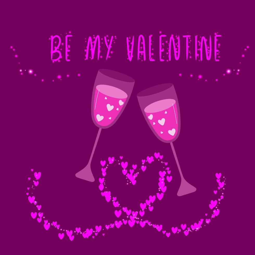 gelukkig valentijnsdag dag ansichtkaart met twee bril met roze drin en glimmend harten. worden mijn Valentijn vector