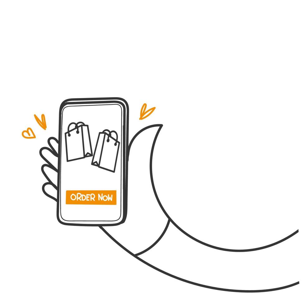 hand- getrokken tekening mobiel telefoon met boodschappen doen zak symbool voor bestellen nu online boodschappen doen vector