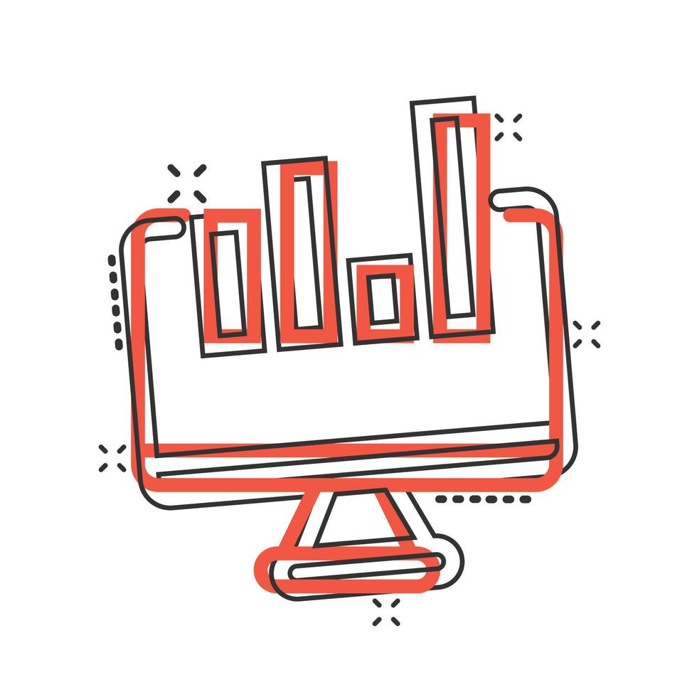 website analytics icoon in grappig stijl. seo gegevens tekenfilm vector illustratie Aan wit geïsoleerd achtergrond. computer diagram plons effect bedrijf concept.