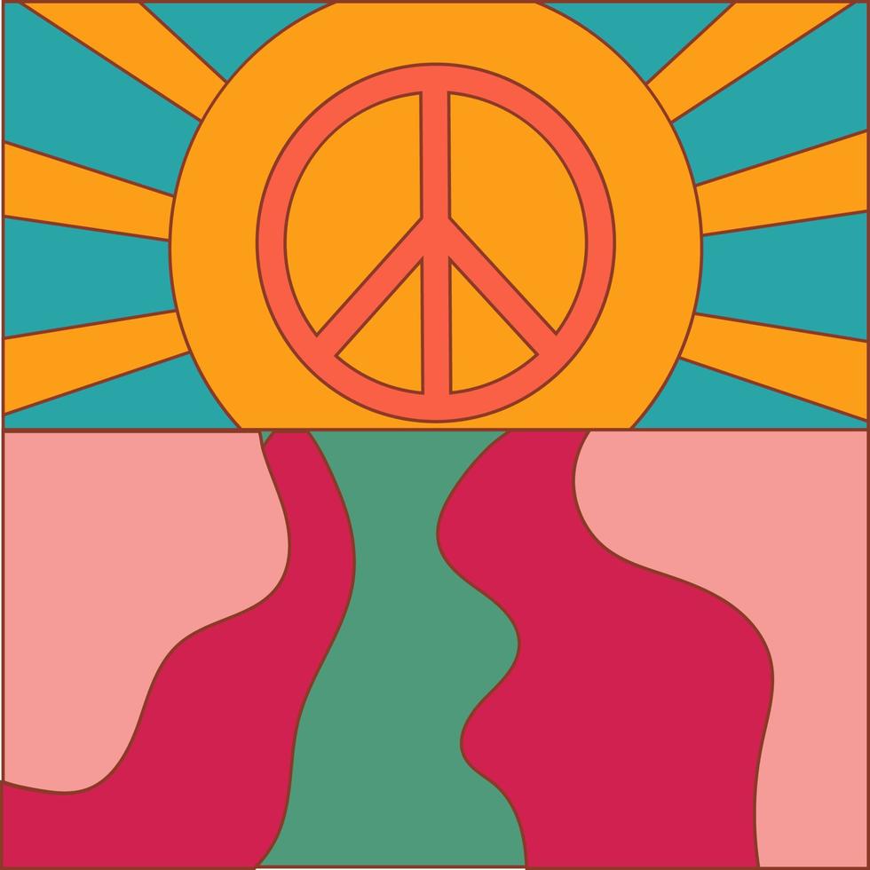 icoon, sticker in hippie stijl met landschap met zon en vrede teken in retro kleuren vector