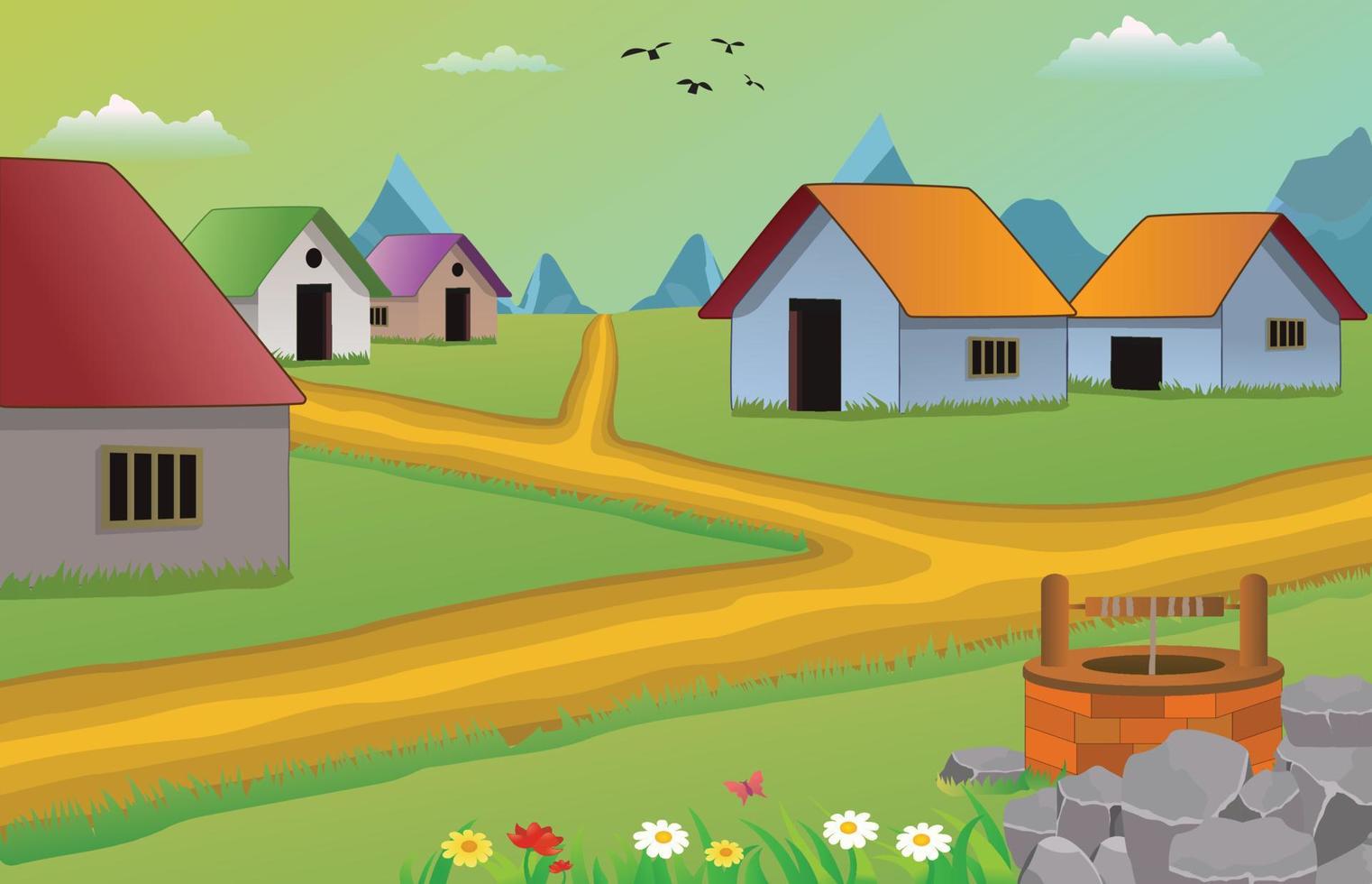 tekenfilm dorp tafereel vector illustratie met oud huizen.