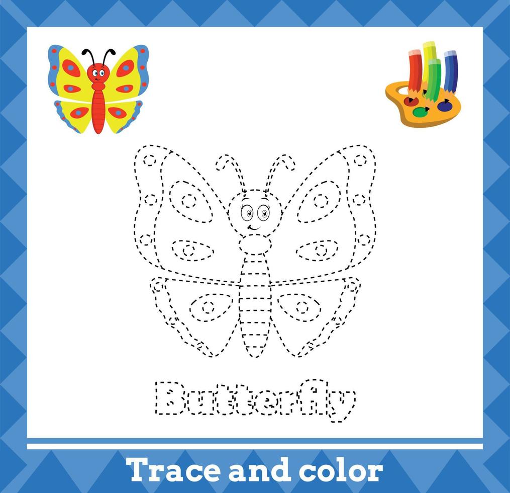 spoor en kleur voor kinderen, vlinder vector kinderen werkzaamheid bladzijde