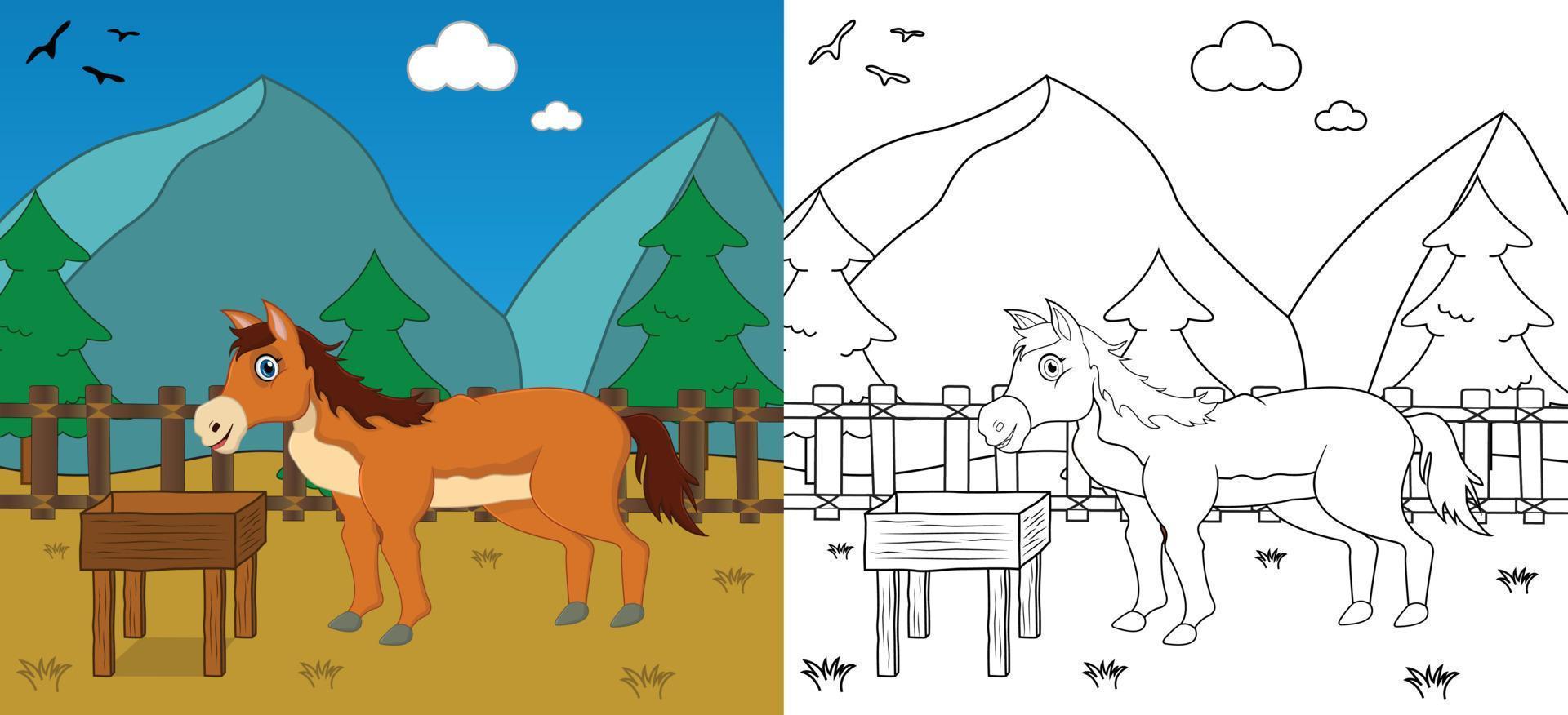 schattig tekenfilm paard kleur bladzijde met lijn kunst, kinderen werkzaamheid bladzijde vector illustratie