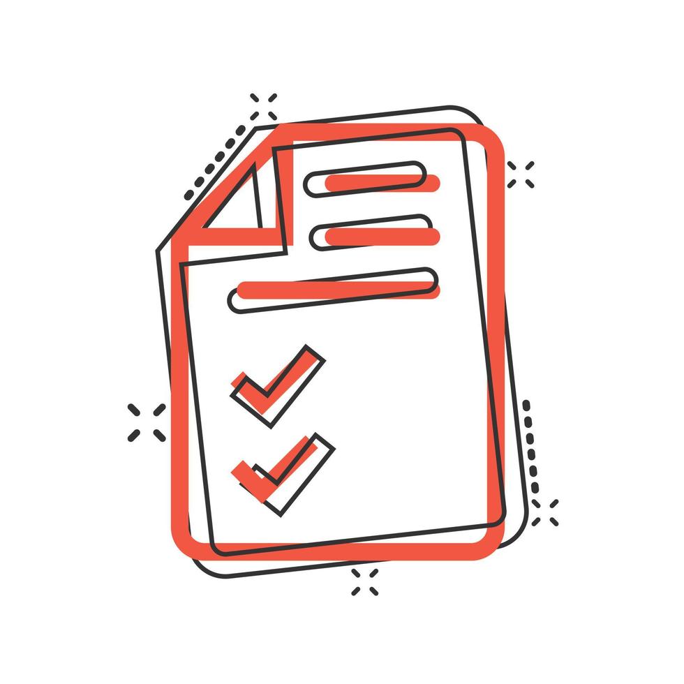 document checklist icoon in grappig stijl. verslag doen van tekenfilm vector illustratie Aan wit geïsoleerd achtergrond. papier vel plons effect bedrijf concept.