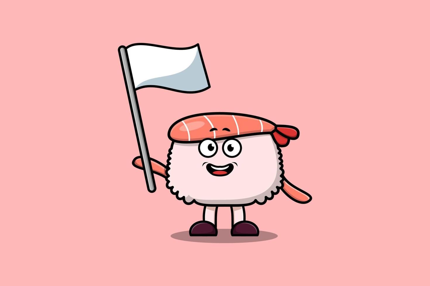 schattig tekenfilm sushi garnaal mascotte met wit vlag vector