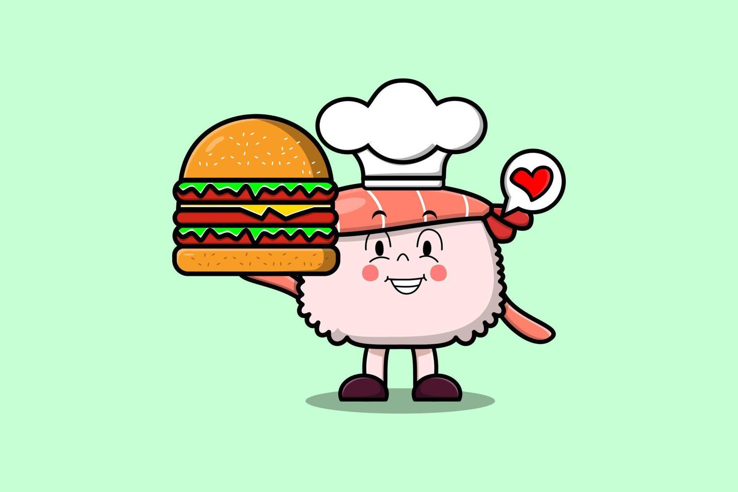 schattig tekenfilm sushi garnaal chef Holding hamburger vector