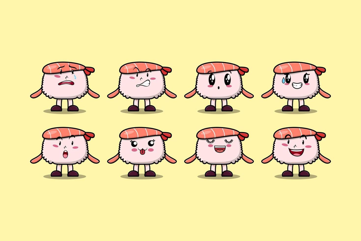 kawaii sushi garnaal tekenfilm karakter uitdrukkingen vector