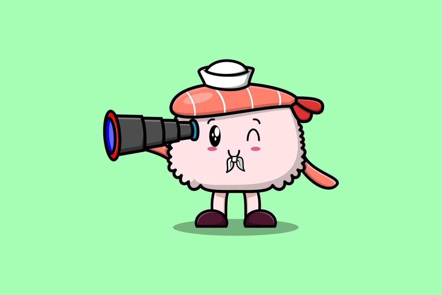 schattig tekenfilm sushi garnaal matroos gebruik makend van verrekijker vector