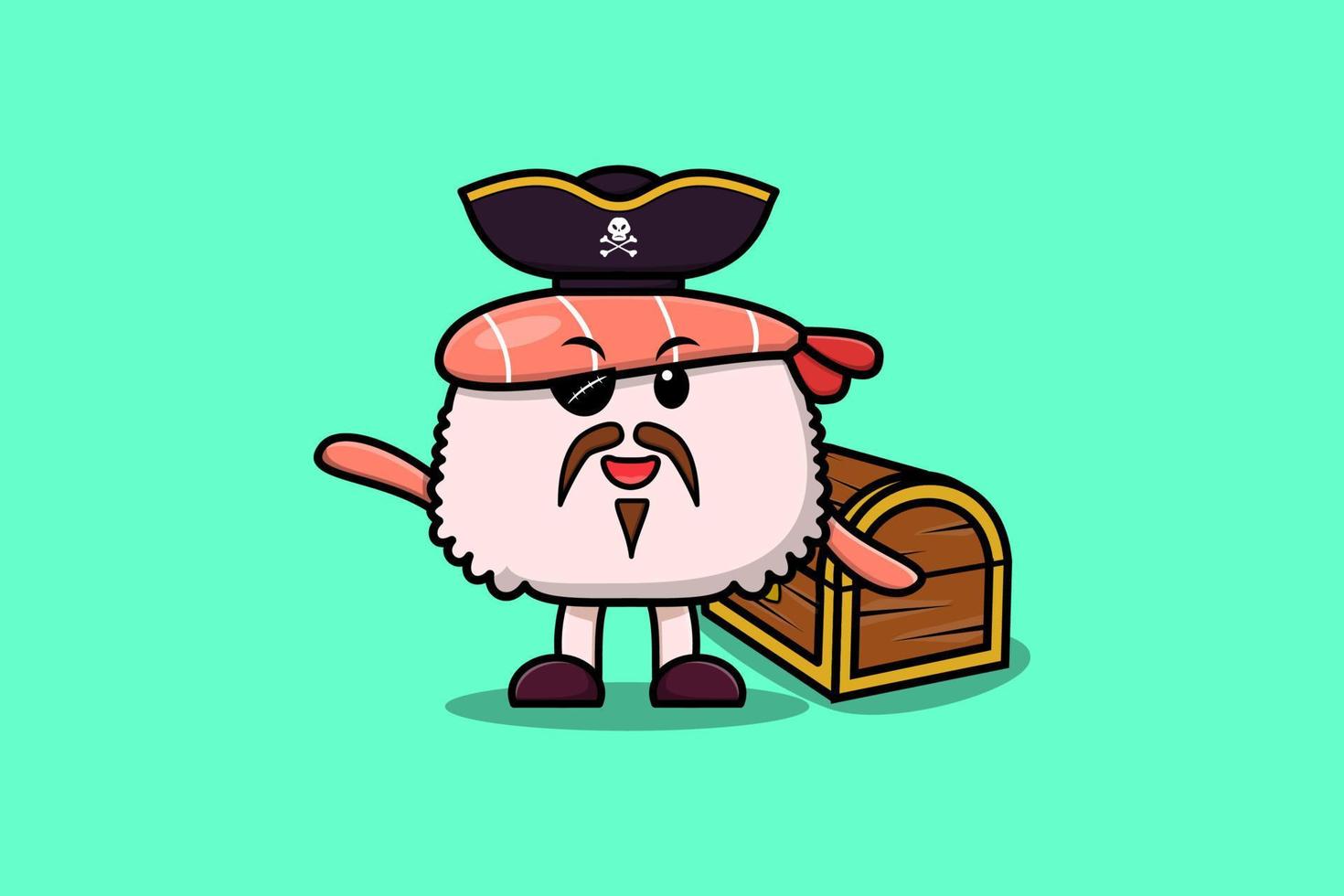schattig tekenfilm sushi garnaal piraat met schat doos vector