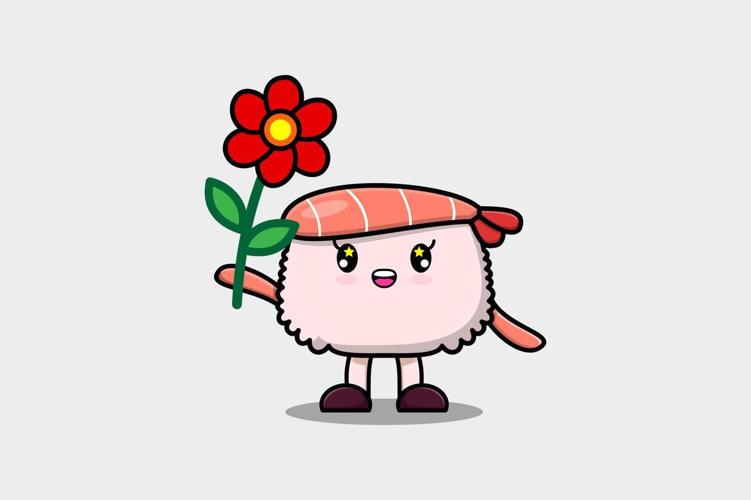 schattig tekenfilm sushi garnaal Holding rood bloem vector
