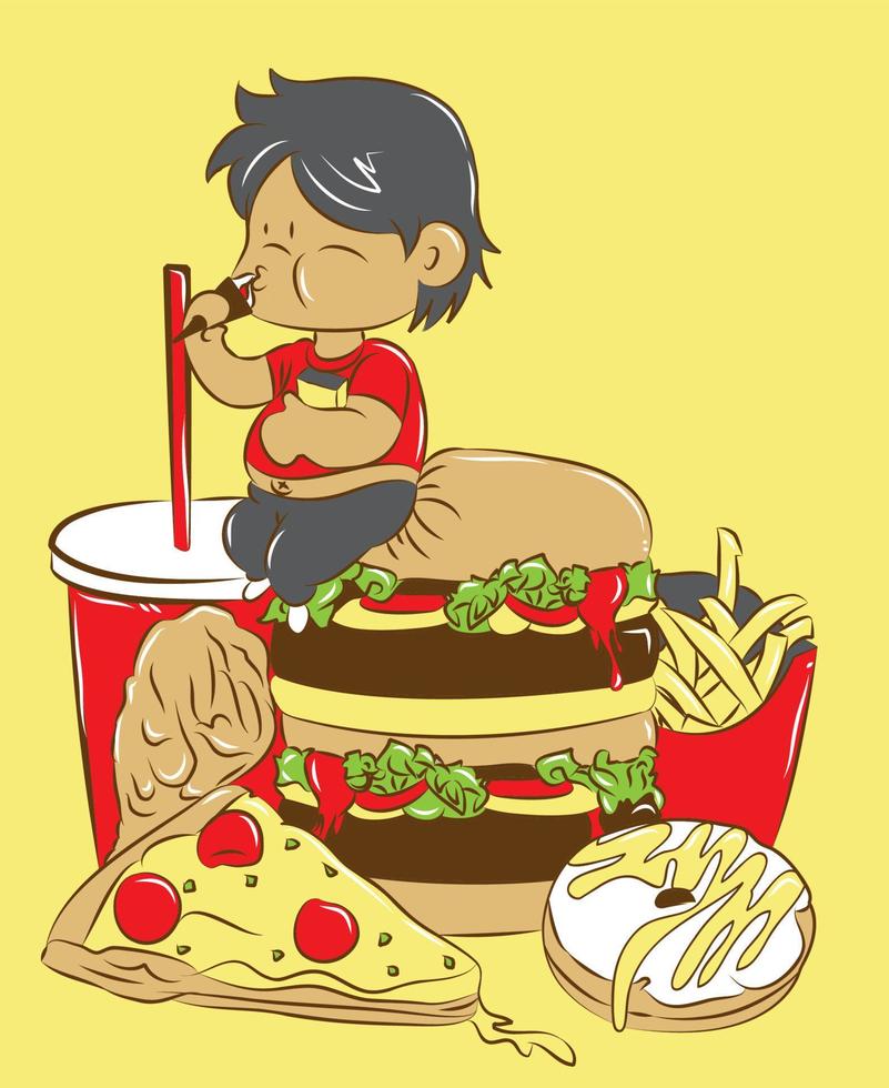schattig illustratie vector van Mens wie eten een veel van hamburger, Frisdrank, donut, pizza, Frans Patat, en kip