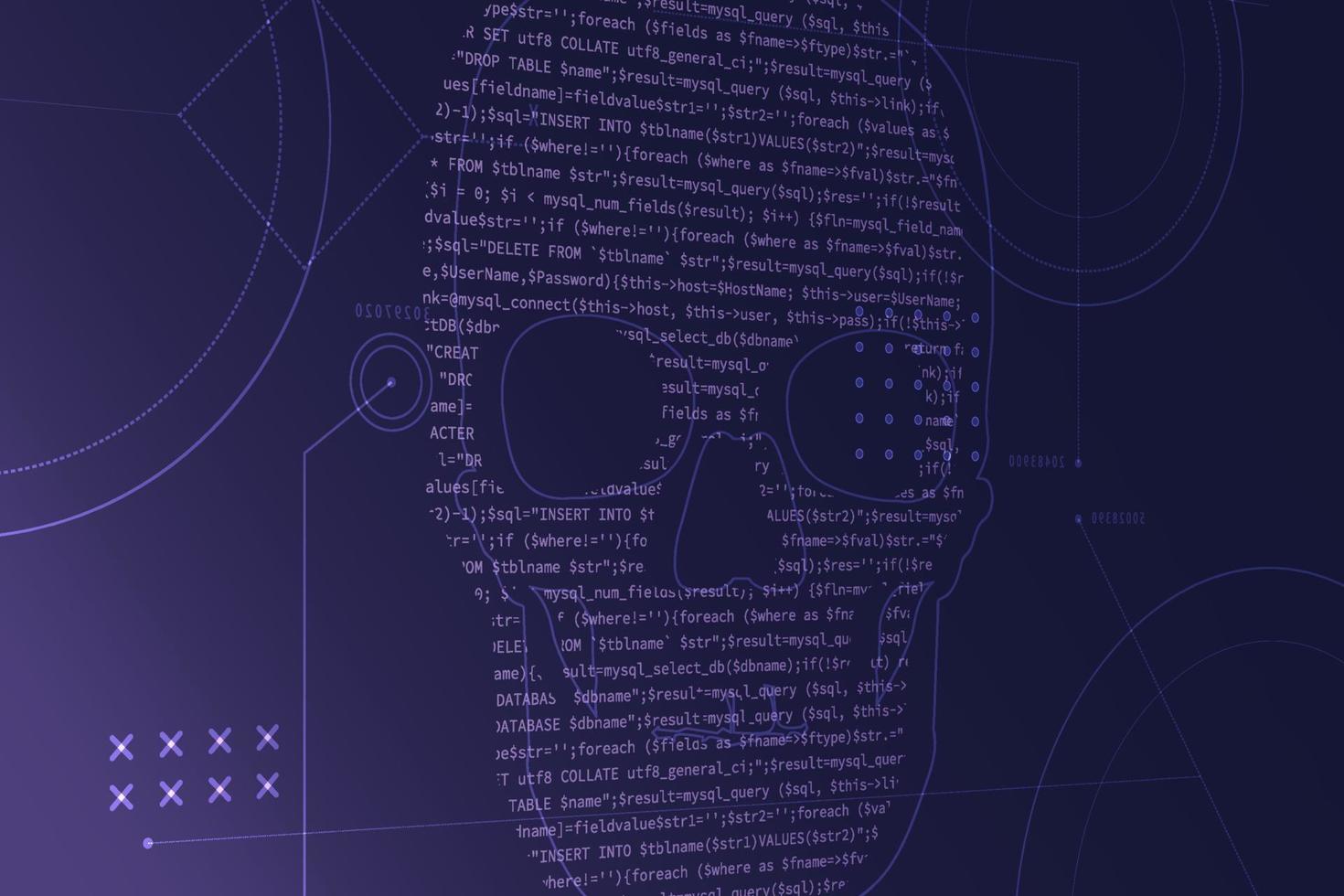 computer bron code Aan een scherm met een schedel vorm van een virus of malware of hacker aanval. vector