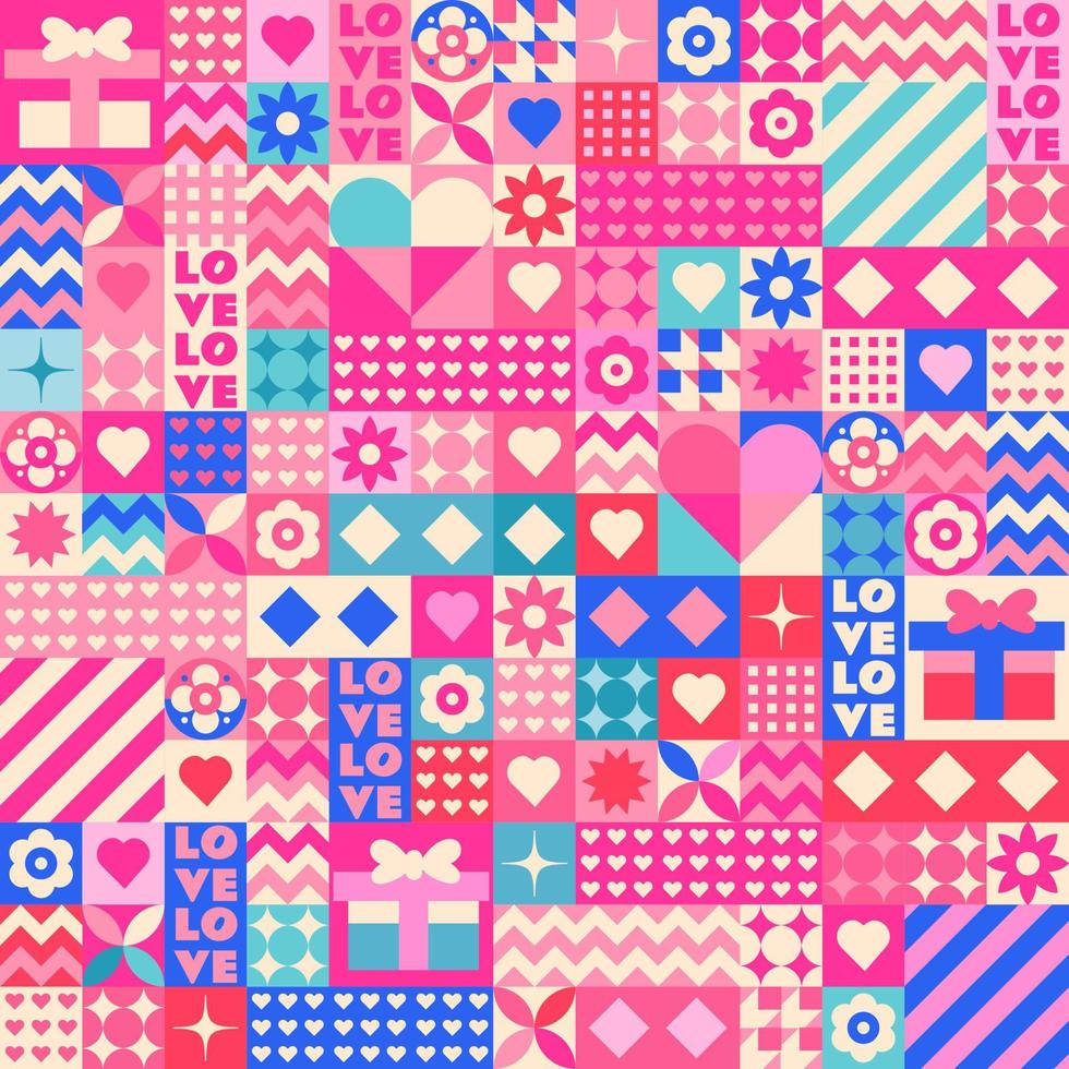roze mozaïek- patroon voor Valentijnsdag dag. harten, bloemen, bekentenissen van liefde, cadeaus en veel van liefde in een ontwerp. perfect net zo een geschenk wrap, behang, kleding, web bladzijde achtergrond. vector