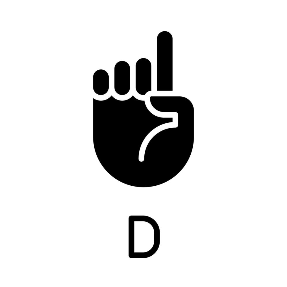 ondertekening brief d in asl zwart glyph icoon. non-verbaal communicatie systeem. mensen met doofheid steun. silhouet symbool Aan wit ruimte. solide pictogram. vector geïsoleerd illustratie