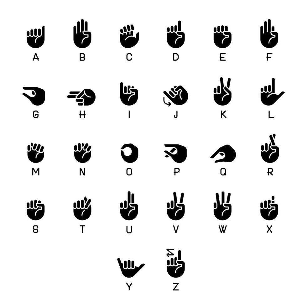 brieven in Amerikaans teken taal zwart glyph pictogrammen reeks Aan wit ruimte. gebaren voor alfabet. communicatie werkwijze. silhouet symbolen. solide pictogram pak. vector geïsoleerd illustratie