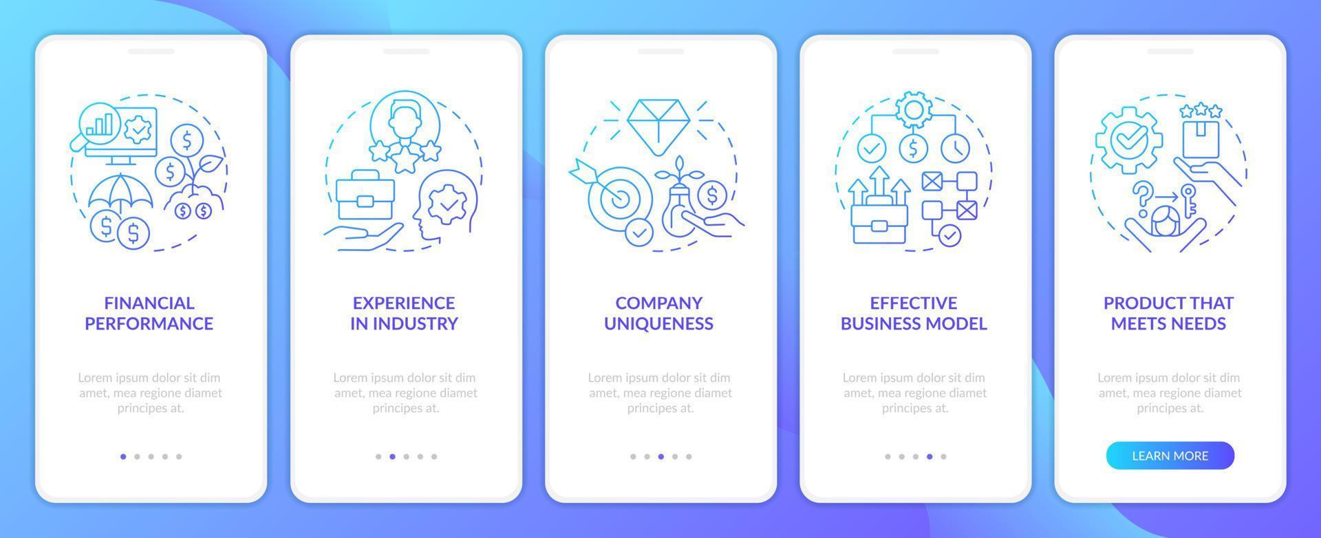 bij betrekken investering onboarding blauw helling mobiel app scherm. walkthrough 5 stappen bewerkbare grafisch instructies met lineair concepten. ui, ux, gui sjabloon vector