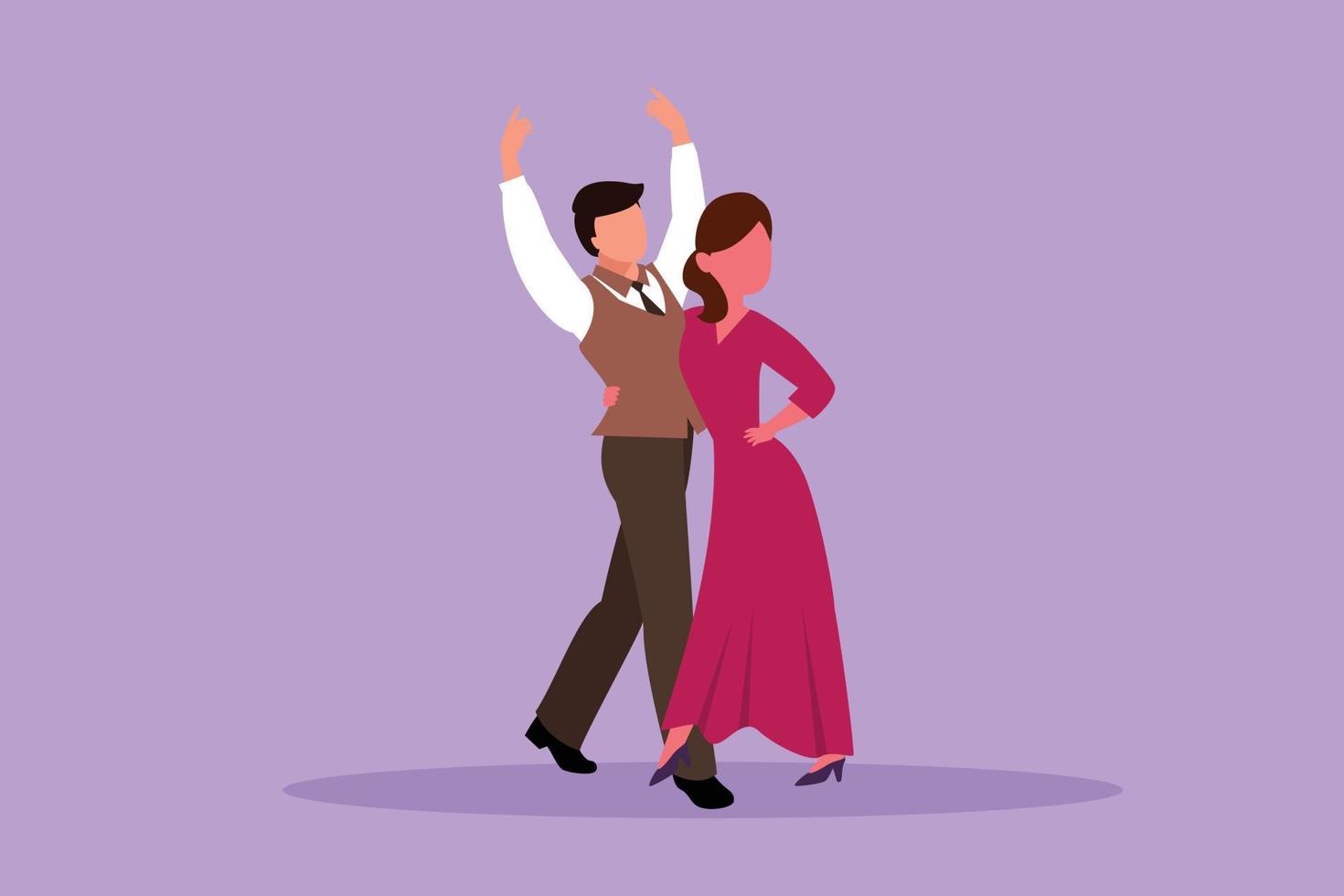 karakter vlak tekening van Mens vrouw professioneel danser paar dansen tango, wals dansen Aan dansen wedstrijd dansvloer. gelukkig mensen levensstijl met dans samen. tekenfilm ontwerp vector illustratie