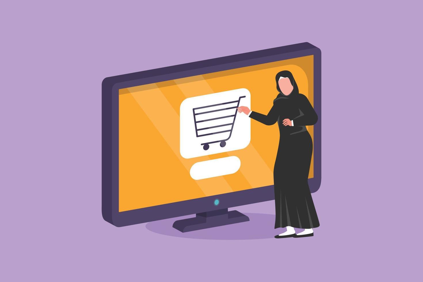 grafisch vlak ontwerp tekening Arabisch vrouw staand en buying online via computer scherm met boodschappen doen kar binnen. digitaal levensstijl, technologie consumentisme concept. tekenfilm stijl vector illustratie