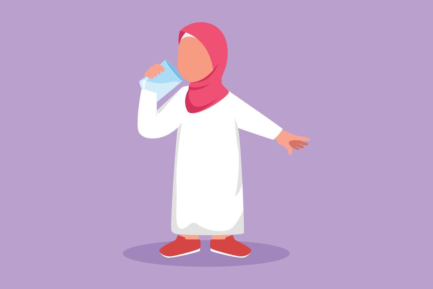 tekenfilm vlak stijl tekening schoonheid Arabisch weinig meisje staand terwijl Holding en genieten van glas van vers melk naar vervullen haar lichaam voeding. kind Gezondheid en groei. grafisch ontwerp vector illustratie