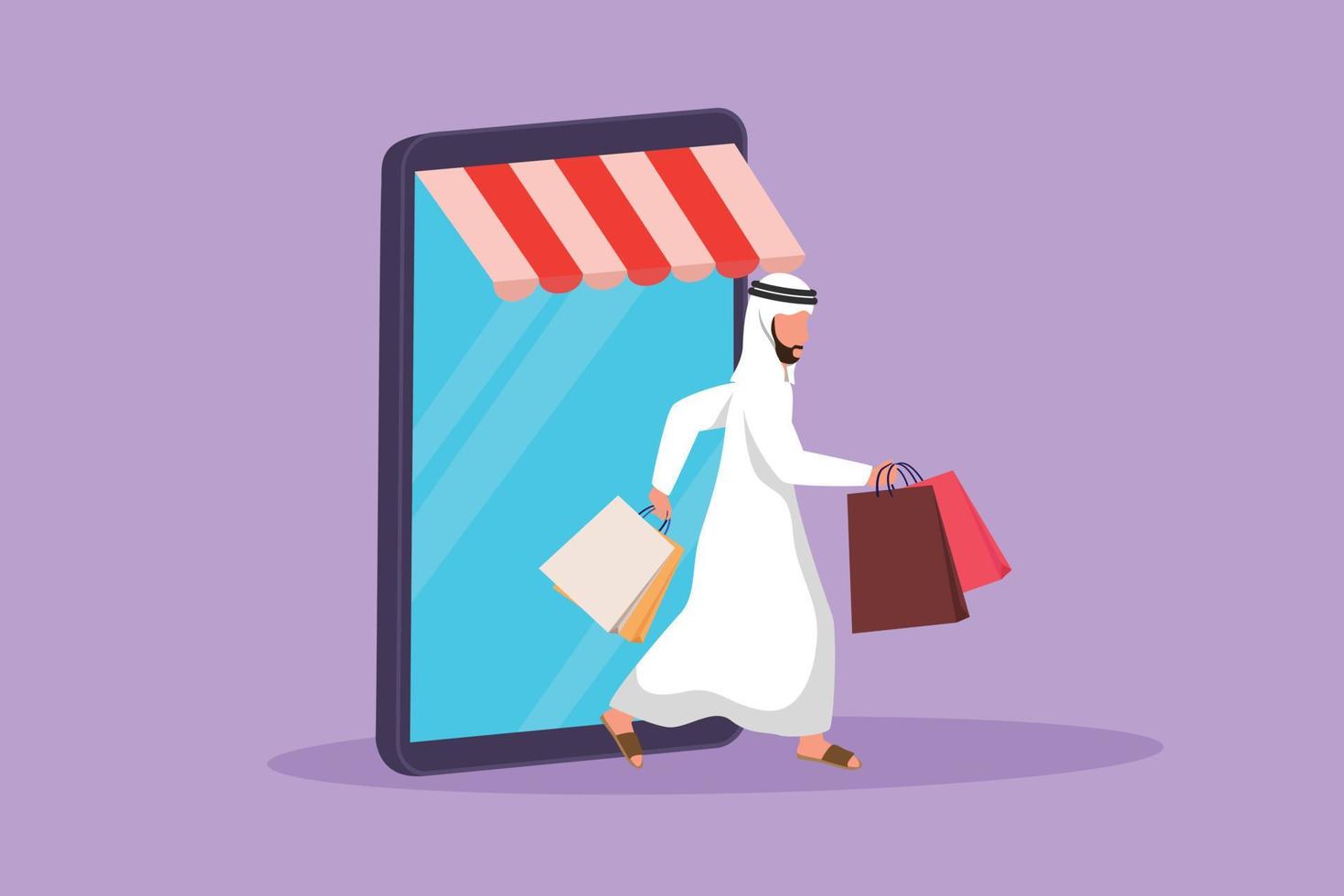 tekenfilm vlak stijl tekening Arabisch Mens komt eraan uit van luifel smartphone scherm Holding boodschappen doen tas. digitaal levensstijl en consumentisme concept. online op te slaan technologie. grafisch ontwerp vector illustratie