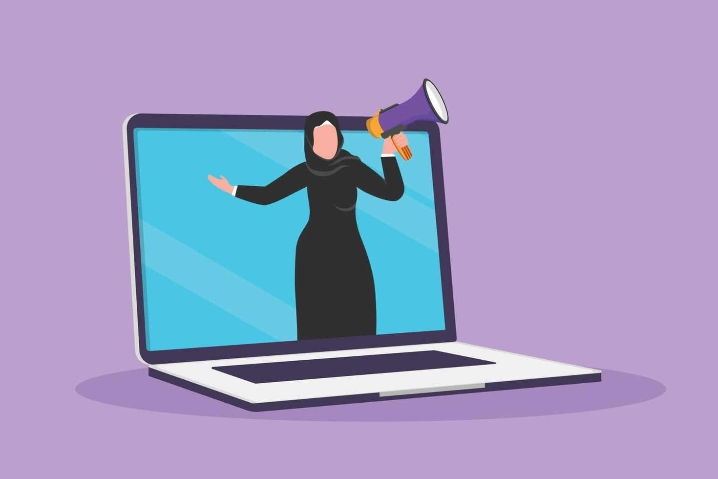 karakter vlak tekening Arabisch vrouw komt eraan uit van laptop computer scherm Holding megafoon. aanbieden Product met korting of uitverkoop. digitaal afzet en online op te slaan. tekenfilm ontwerp vector illustratie