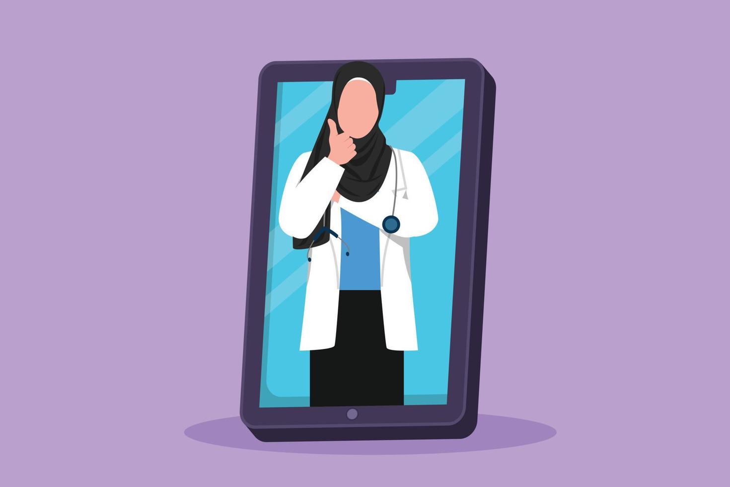 grafisch vlak ontwerp tekening Arabisch vrouw dokter komt uit van smartphone scherm terwijl maken duimen omhoog gebaar. online dokter overleg. digitaal gezondheidszorg metafoor. tekenfilm stijl vector illustratie