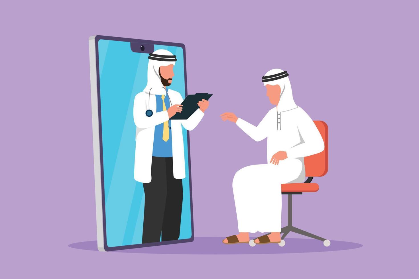 grafisch vlak ontwerp tekening Arabisch mannetje dokter komen uit van smartphone scherm, Holding klembord, controle staat van mannetje geduldig zittend Aan stoel. online medisch. tekenfilm stijl vector illustratie