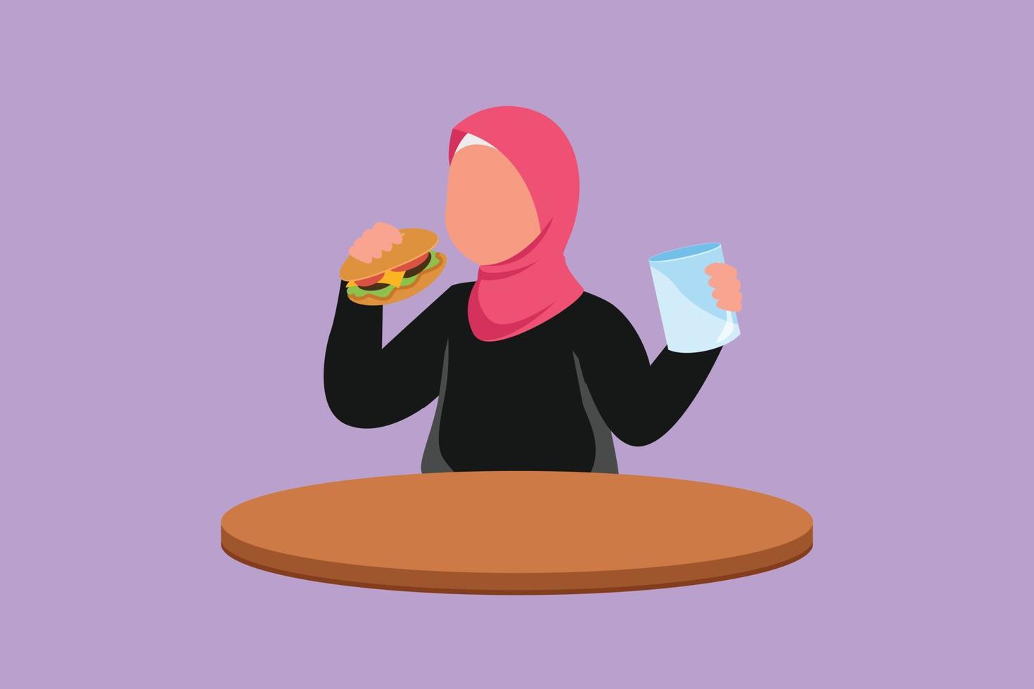 grafisch vlak ontwerp tekening schoonheid Arabisch weinig meisje zittend Bij tafel en aan het eten Hamburger. smakelijk straat hamburger snel voedsel. ongezond tussendoortje voor peuter- kind kind. tekenfilm stijl vector illustratie